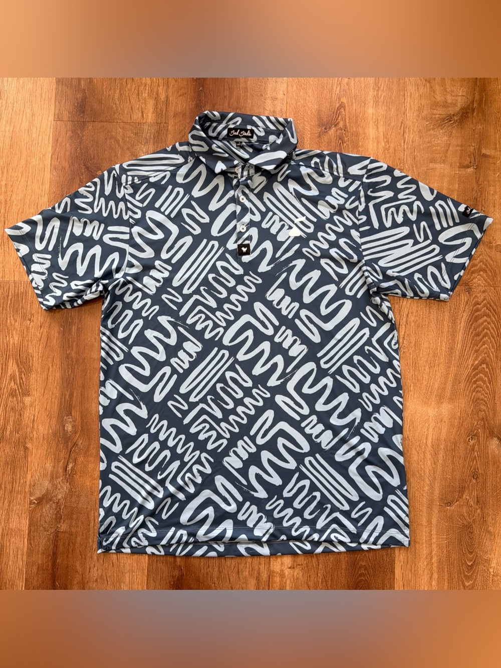 Bad Birdie Polo Shirt Mens Large Blue Gray Scribble Print Golf Performance